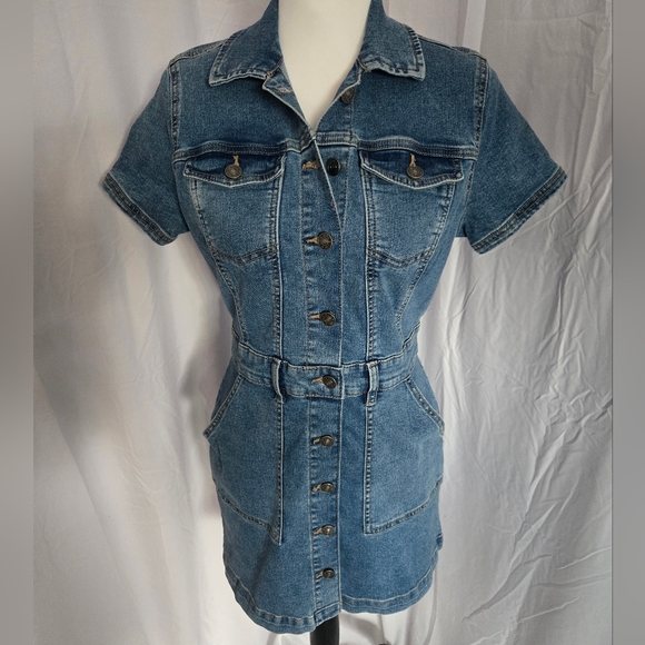 Eco Peace Love Button Denim Mini Dress - Picture 1 of 13